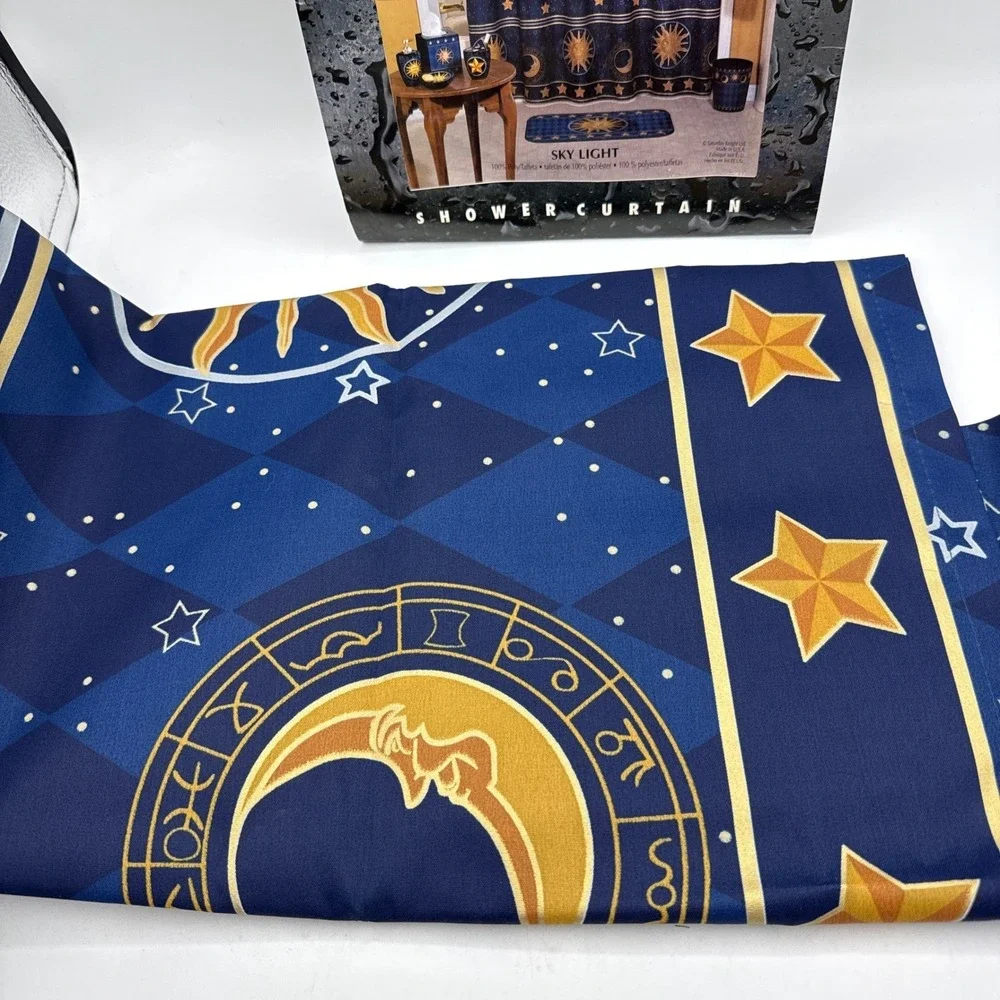 Vtg Sky Light Shower Curtain Navy Gold Celestial Sun Moon Stars READ